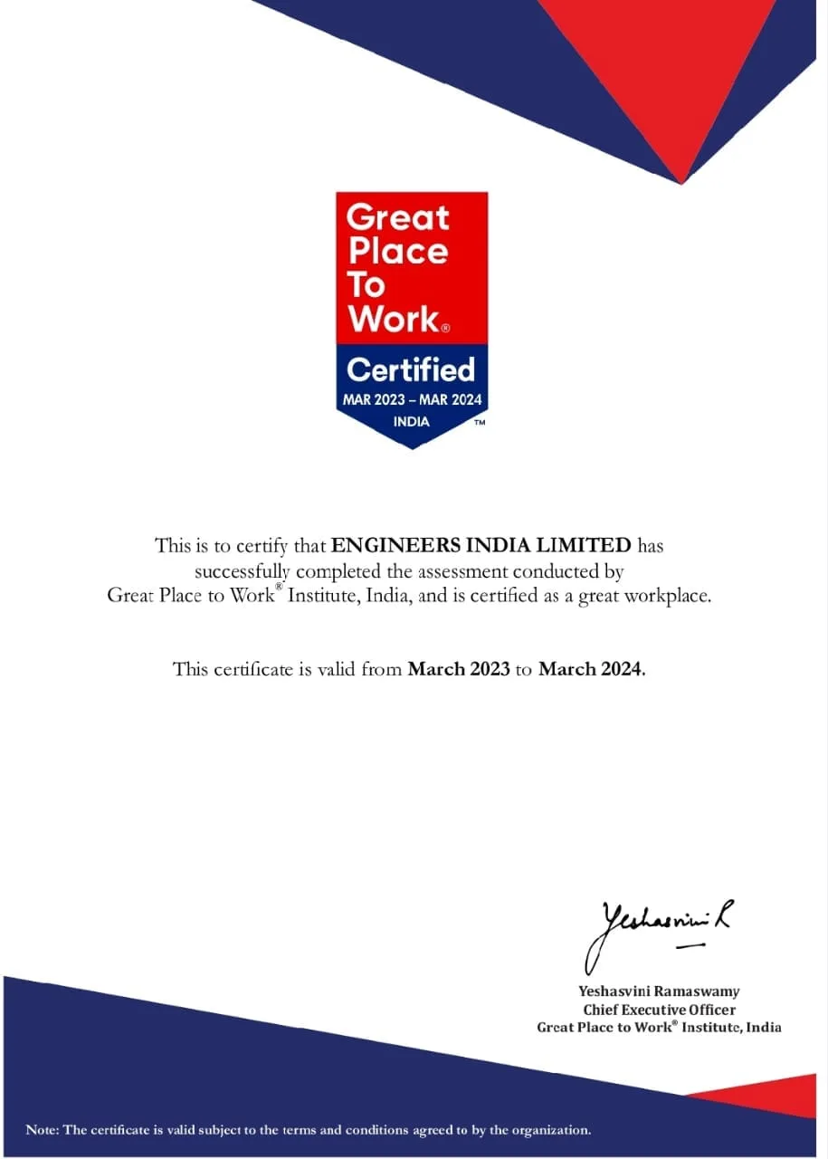Engineers India Limited is now Certified as a "Great Place to Work"