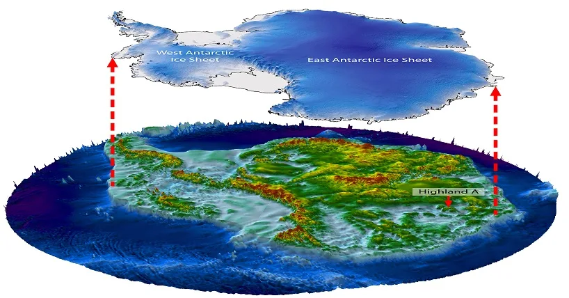 Graphic above ‘lifts’ the East Antarctic Ice Sheet off the bed landscape and highlights the study area