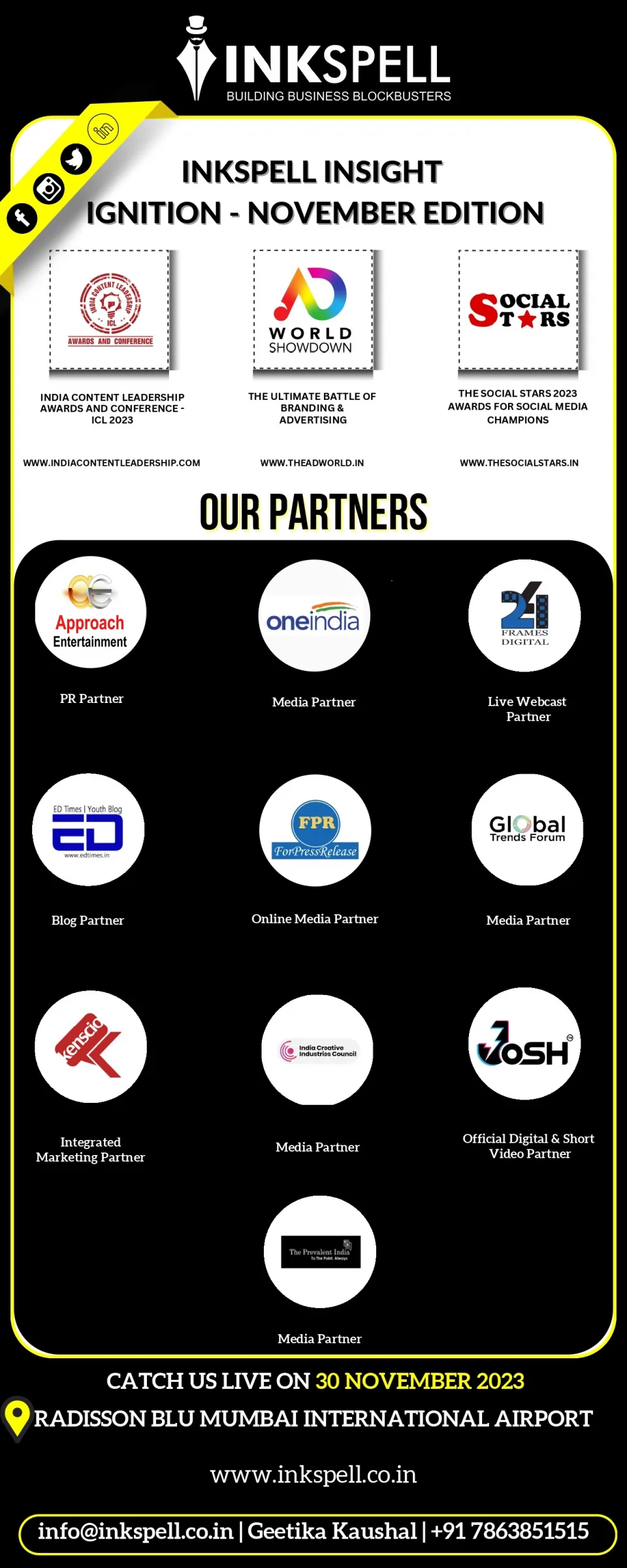 Inkspell Media Set to Host Prestigious India Content Leadership Awards, Ad World Showdown, and Social Stars Awards 2023 in Mumbai Today