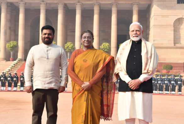 The President of India, Smt. Droupadi Murmu and PM attend the Ceremonial welcome of the President of the Democratic Socialist Republic of Sri Lanka, Mr. Anura Kumara Disanayaka at Rashtrapati Bhawan, in New Delhi on December 16, 2024.