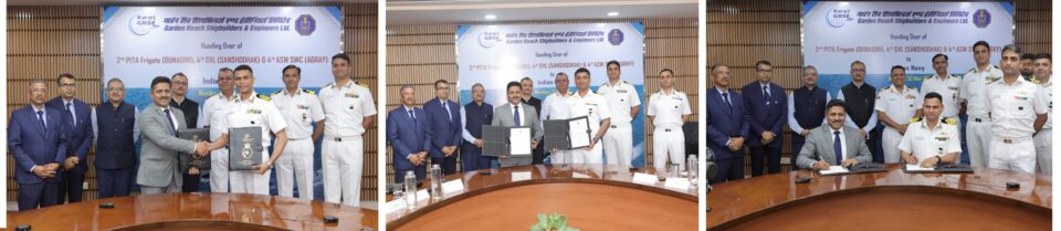 GRSE delivers three warships Indian Navy Dunagiri Sanshodhak Agray